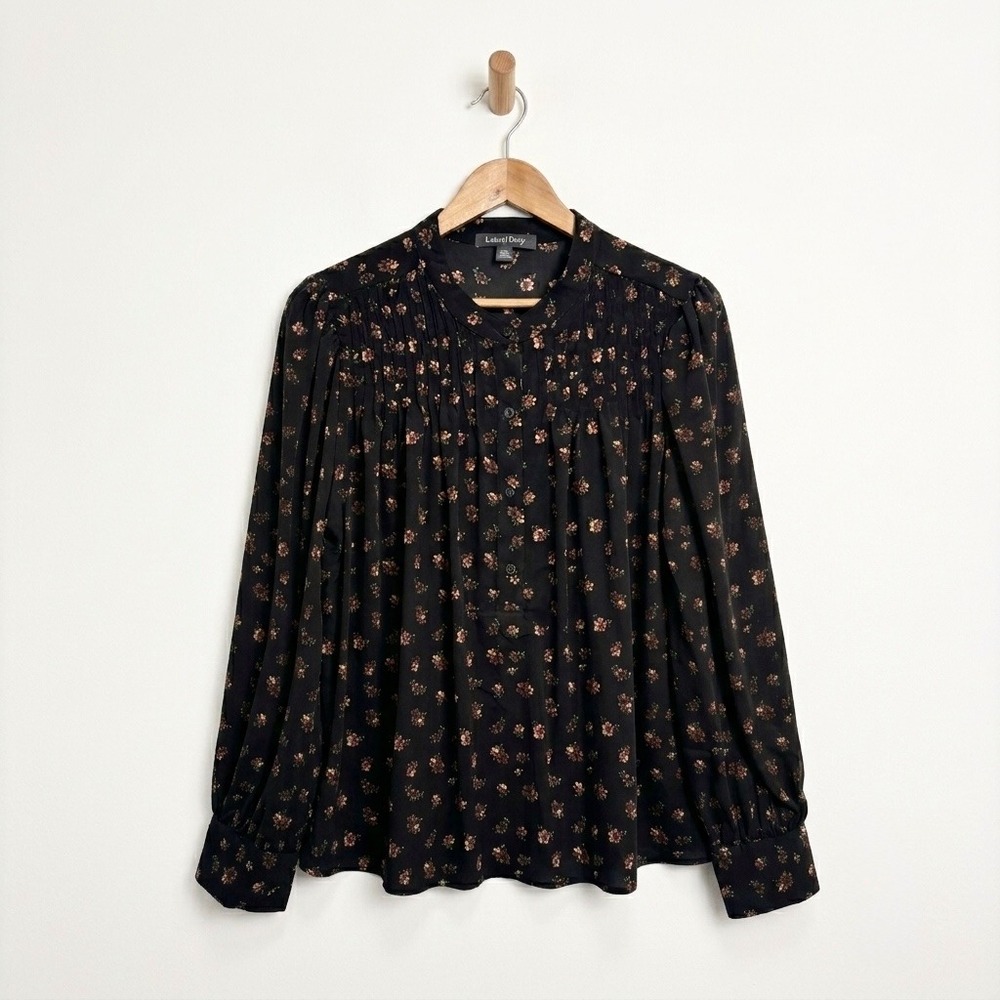 Laurel Grey Floral Blouse XL Black Pleated Pintuck Long Sleeve Button‎ Up
